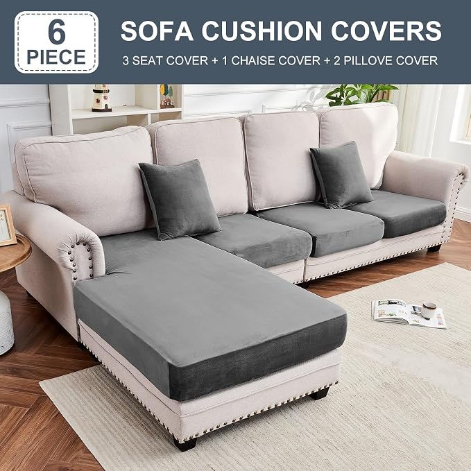 Couch Cover 4-Piece Elastic Velvet Couch Cushion Covers & Chaise Slipcovers - Image 5