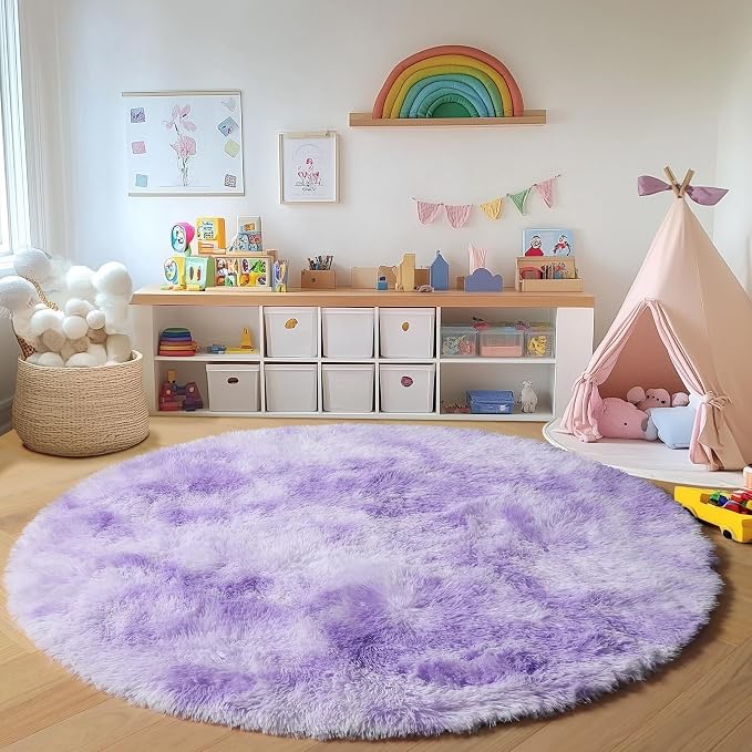 ONASAR Round Rugs 5ft for Bedroom Living Room, Tie-Dyed Purple Fluffy Circle - Image 4
