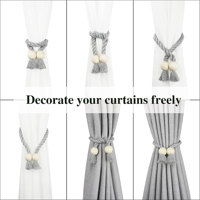 4 Pack Magnetic Curtain Tiebacks Cotton Hand Woven Tie Back Decorative Rope - Image 5