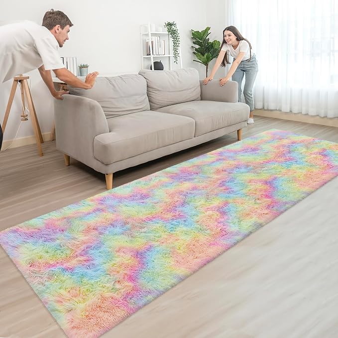 Fluffy Rainbow Rug for Girls Bedroom 3x10 Feet Kawaii Tie Dye Area Rug Colorful - Image 3