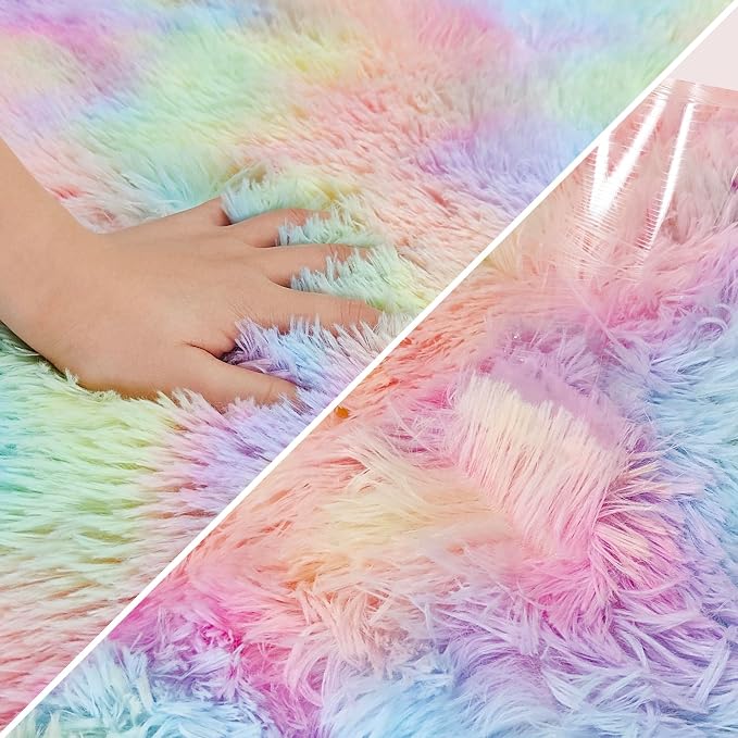 Fluffy Rainbow Rug for Girls Bedroom 2x8 Feet Kawaii Tie Dye Area Rug Colorful - Image 6