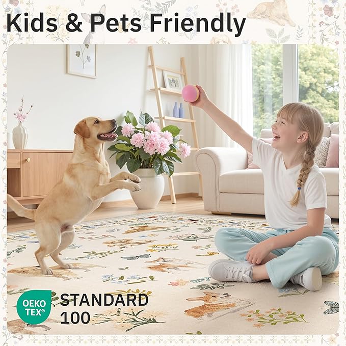 Soalmost Dog 8x10 Area Rugs for Living Room, Machine Washable Animal Floral - Image 5