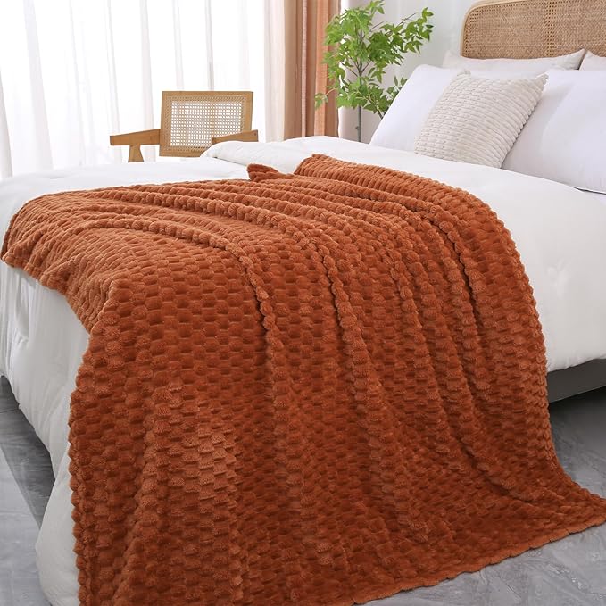 Puncuntex Burnt Orange Throw Blanket 90"×90" inches Fuzzy 3D Jacquard by Puncuntex