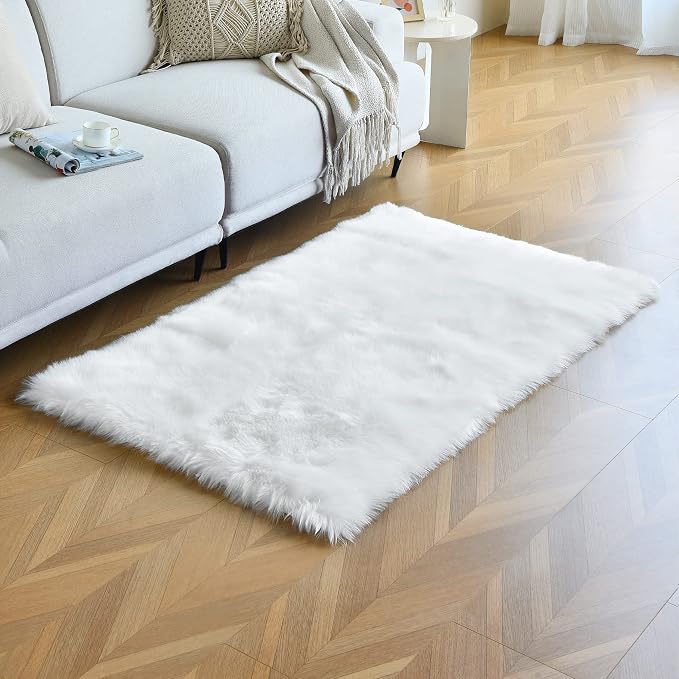 duduta White Faux Sheepskin Fur Rug 3x5 ft, Fluffy Shag Bedroom Dorm Nursery - Image 5