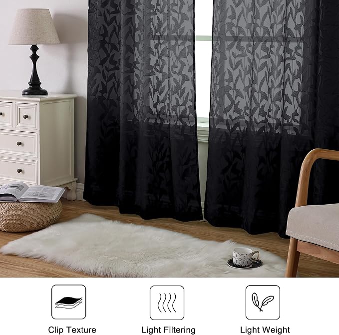 Lecloud Leia Black Sheer Curtains 84 Inches Long 2 Panels, Airy Leaf Textured - Image 8
