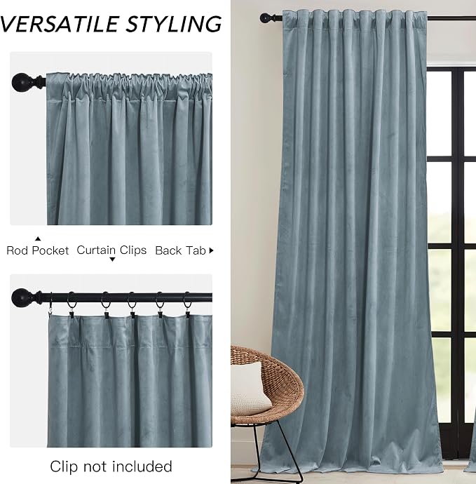 RYB HOME Stone Blue Velvet Curtains 84 inches - Image 3