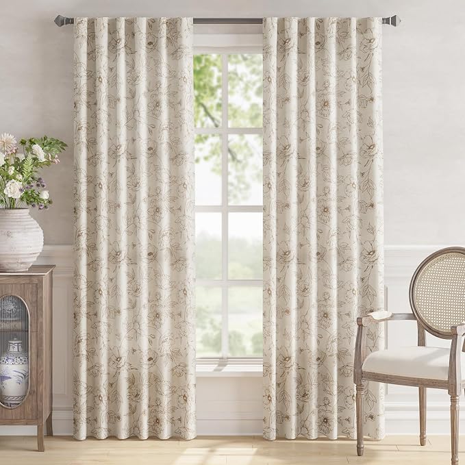 jinchan Linen Floral Curtains for Living Room 84 Inch Length Taupe Flower - Image 2