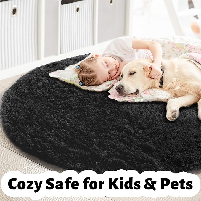 Black Round Rug 7Ft for Bedroom Aesthetic, Fluffy Plush Circle Area Rugs for - Image 4