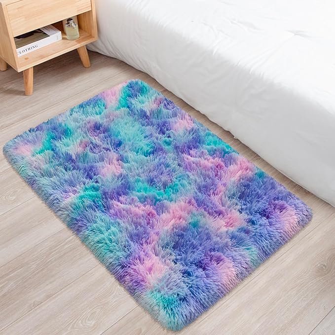 Small Area Rug for Bedroom 2x3ft Mini Tie-Dye Purple Rainbow Fluffy Rug Mat - Image 3