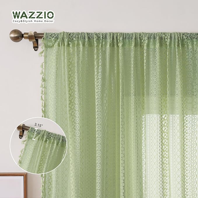 WAZZIO Boho Lace Curtains 63 Inches 2 Panel, Light Filtering Privacy Tassel & - Image 6