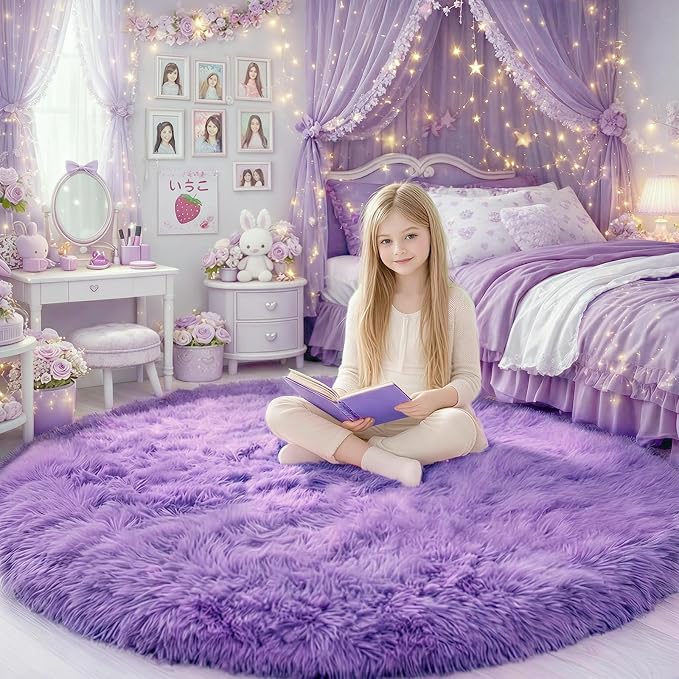 Amdrebio Purple Round Rugs 5Ft for Girls Bedroom Decor Aesthetic, Fluffy Fuzzy - Image 3