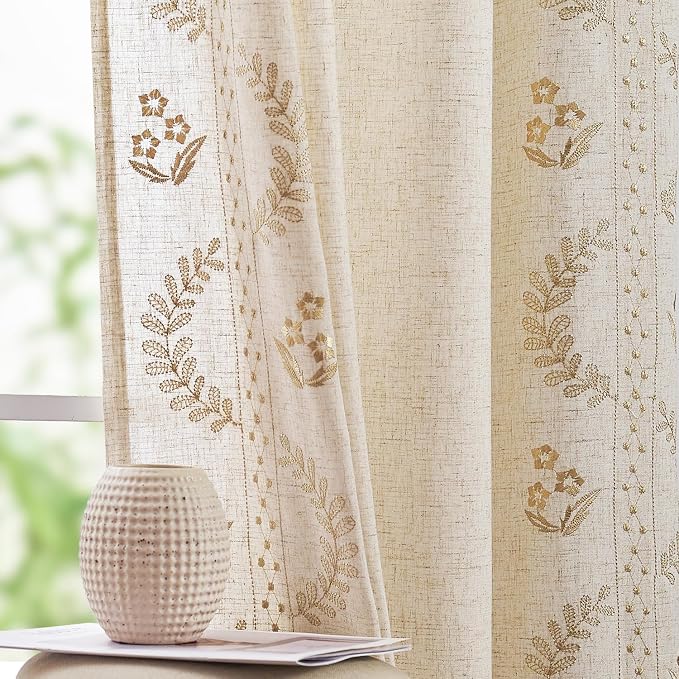 jinchan Belrose Linen Curtains for Bedroom Floral Curtains 63 Inch Length Linen by JINCHAN