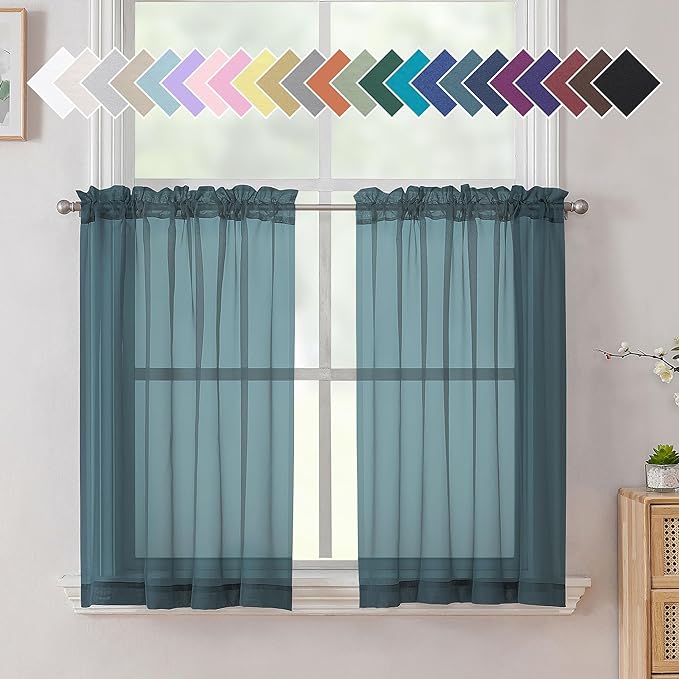 Aiyufeng Dusty Blue Sheer Curtains 36 inches Long, Short Kitchen Window by Aiyufeng