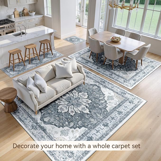 Area Rugs 7'x9' Washable Non-Slip, Floral Vintage Distress Print Pattern - Image 2
