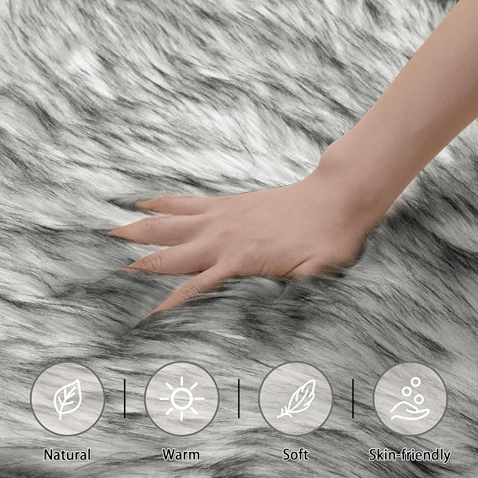 Ciicool Faux Sheepskin Rugs Soft Faux Fur Rug White Gradient Sliver Black - Image 4