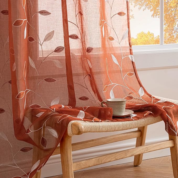 MIULEE Terracotta Sheer Curtains 2 Panels Embroidered Leaf Patterned burnt - Image 2
