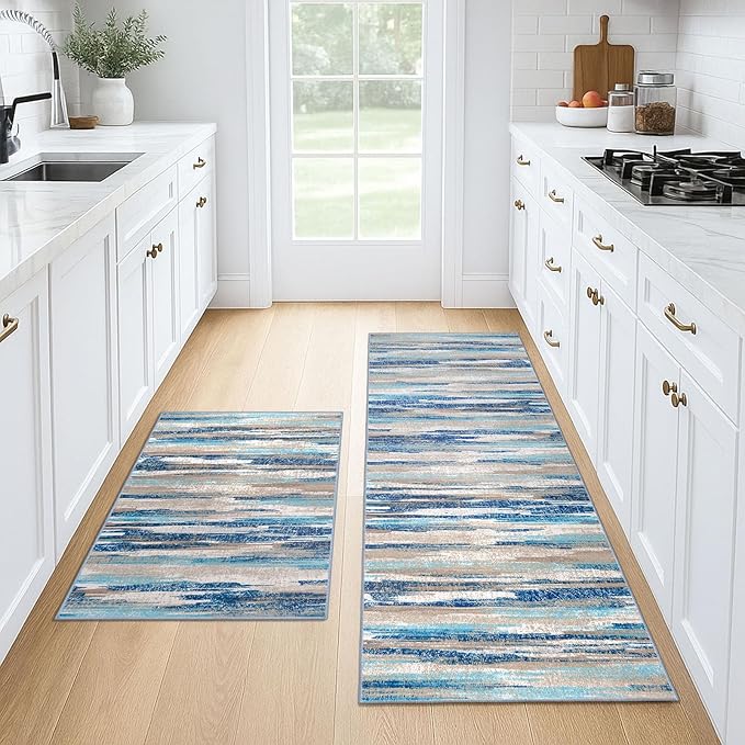 Lansny Modern Abstract Kitchen Rug Set of 2, 2x3 and 2x6 Blue Washable Rug by lansny