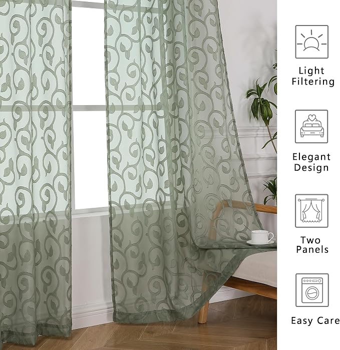 OWENIE Furman Sage Green Sheer Curtains 96 inches Extra Long - Image 5