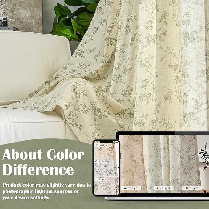 Lazzzy Farmhouse Linen Curtains Green Floral Curtains 96 Inch Length Back Tab - Image 6