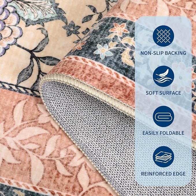 GarveeHome Terracotta Teal Washable 6x9 Area Rugs, Botanical Grove Vintage - Image 7