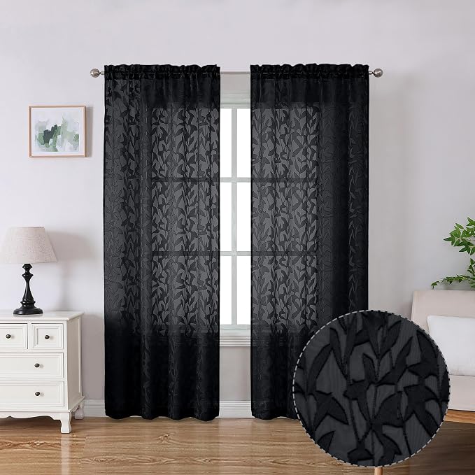 Lecloud Leia Living Room Black Sheer Curtains 72 Inch Length 2 Panels, Airy & by Lecloud