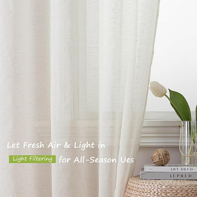 Simplebrand Natural Linen Textured Sheer Curtains 96 inches Long 2 Panels - Image 2
