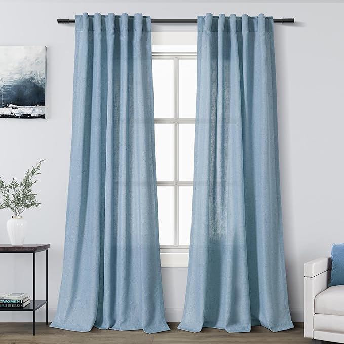 Nanspring Blue Boho Curtains for Bedroom Back Tab Rod Pocket Semi Sheer Linen by Nanspring