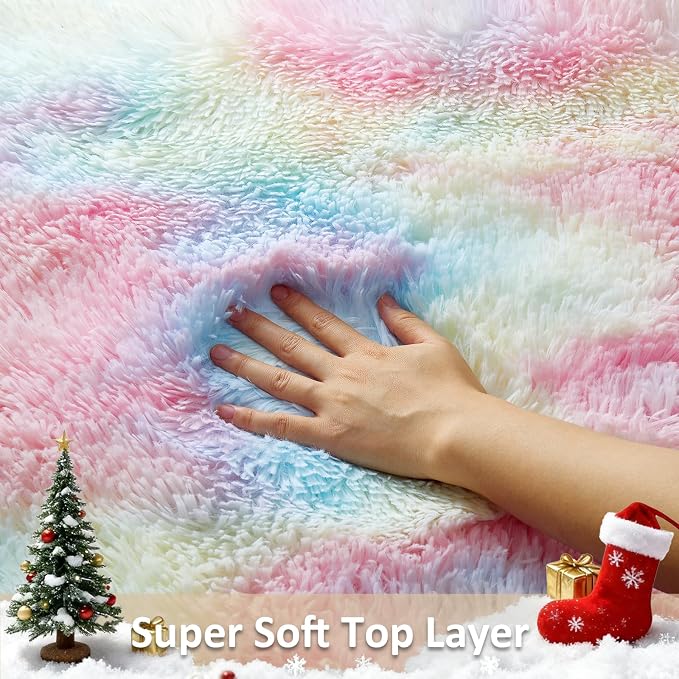 Ophanie Rainbow Colorful Rugs for Living Room 5x8, Unicorn Fluffy Shag Fuzzy - Image 2