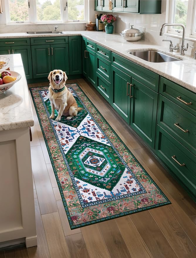 SERISSA Boho Washable Runner Rug, 2x5 Rug Runner Non-Slip Vintage Green White by SERISSAHomeDecorCollection