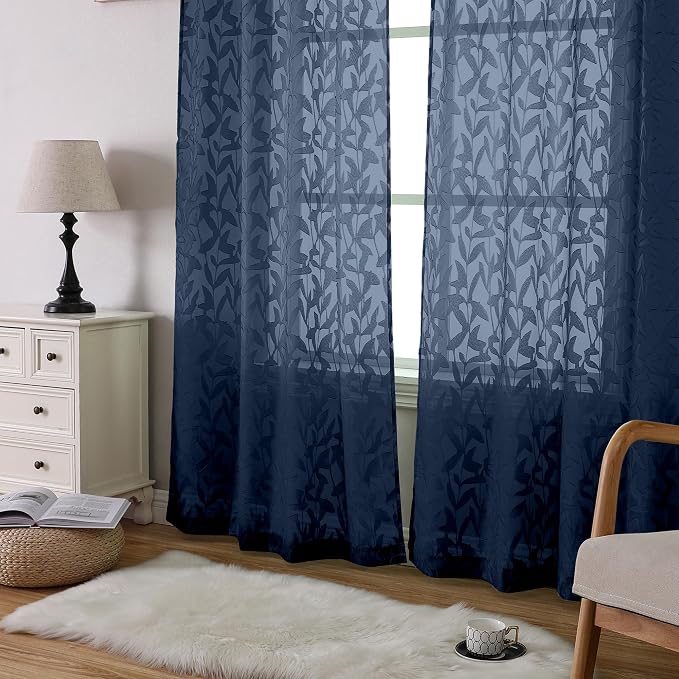 Lecloud Leia Jacquard Textured Sheer Navy Blue Curtains 72 Inches Long 2 Panels - Image 9
