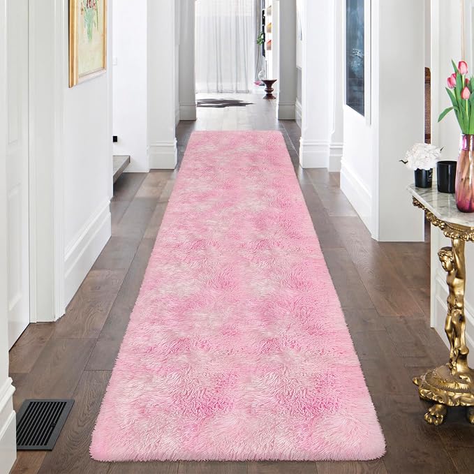 Super Soft Fluffy Living Room Area Rug 2x8 ft Tie-Dyed Light Pink Shaggy Furry - Image 2