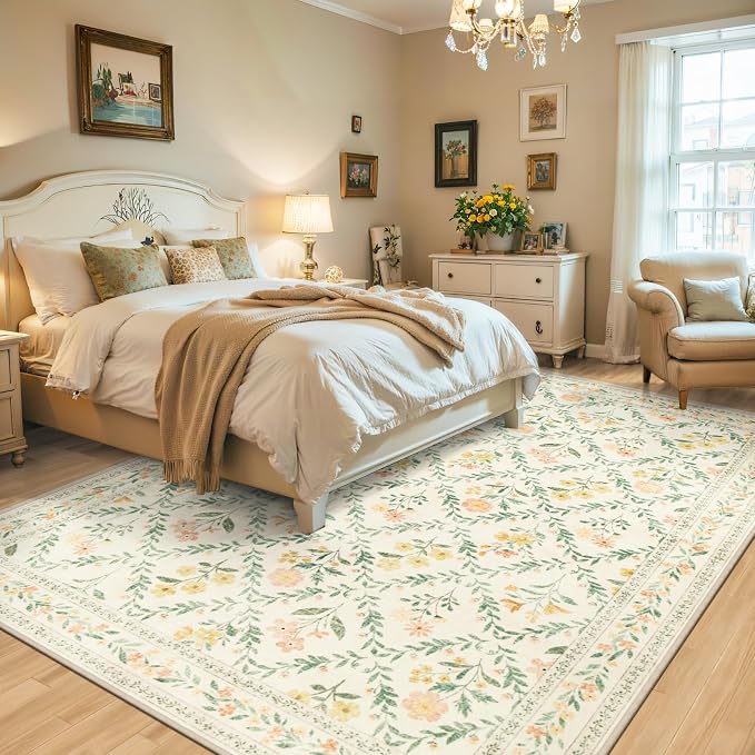 8x10 Area Rugs for Living Room: Floral Washable Rug Vintage Large Soft Boho - Image 3