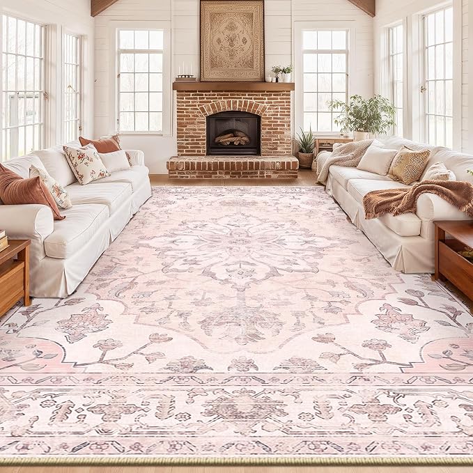 RELEANY Area Rugs 10'x14' Washable Non-Slip, Floral Vintage Distress Print by RELEANY