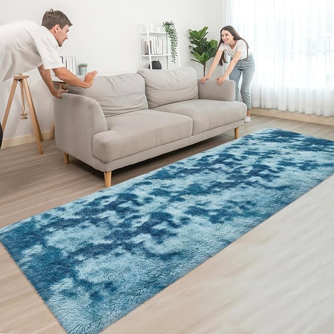 Super Soft Fluffy Living Room Area Rug 3x10 ft Tie-Dyed Light Blue Shaggy Furry - Image 2