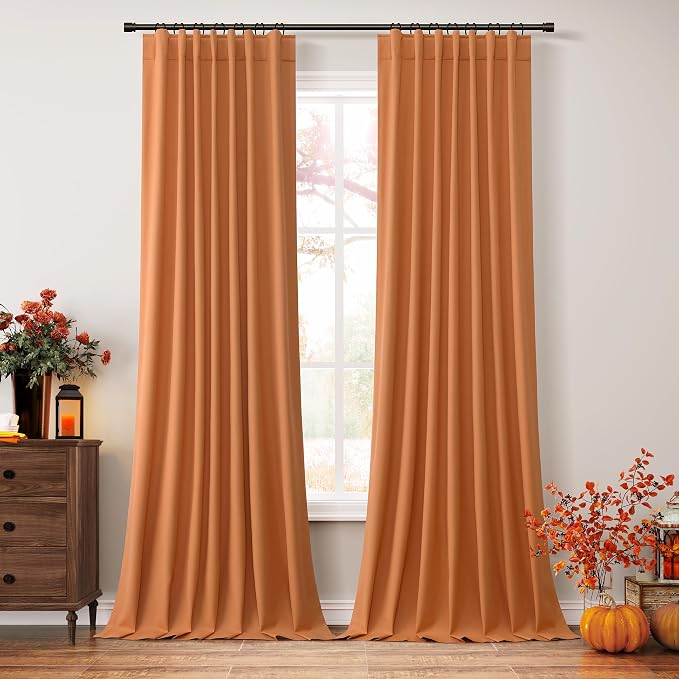 Guken Orange 100% Blackout Linen Curtains 102 Inch Length 2 Panels Set - Image 2