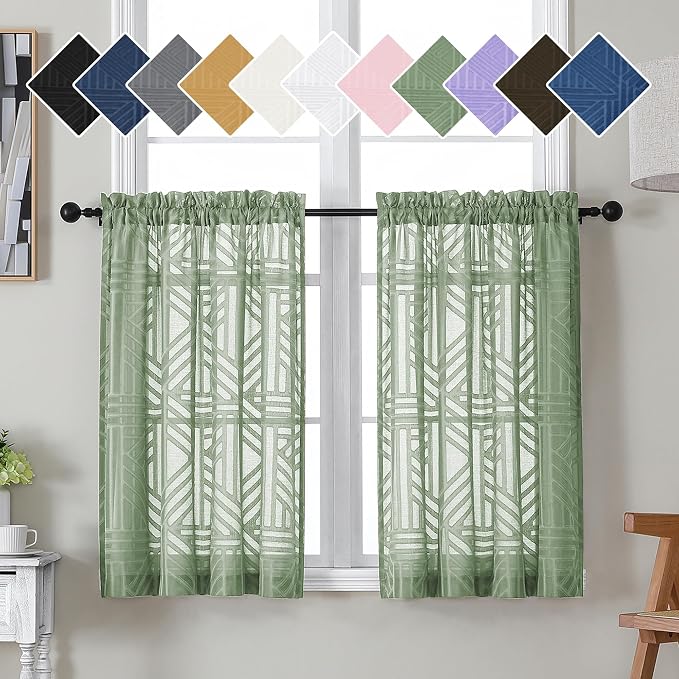 Simplebrand Sage Green Sheer 36 Inch Tier Curtains 2 Panels, Light Filtering by Simplebrand