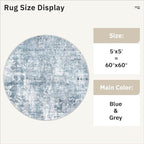 5x5 Blue/Grey Round Rug 5ft Living Room Circle Rug Vintage Round Area Rug Non - Image 5