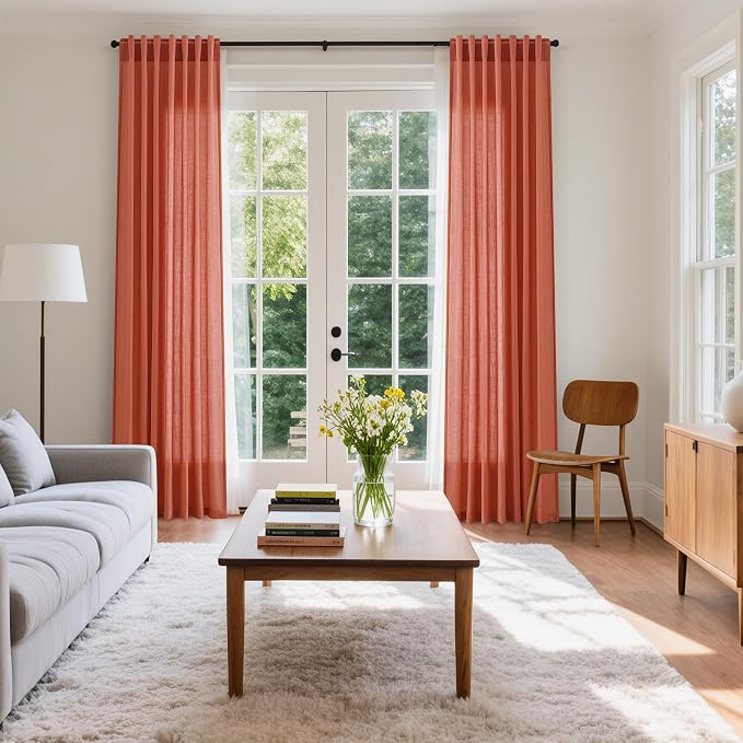 Coral Linen Curtains 102 Inches Long 2 Panel Set Back Tab Rod Pocket Semi Sheer - Image 7
