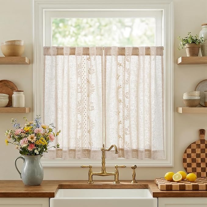 jinchan Belrose Linen Floral Kitchen Curtains 36 inch Length Embroidered by JINCHAN