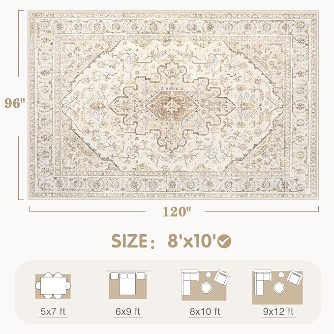 Area Rugs 8x10 Vintage Rug: Large Washable Living Room Rug Retro Medallion - Image 2