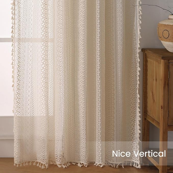 WAZZIO Boho Lace Curtains 45 Inches 2 Panel, Light Filtering Privacy Tassel & - Image 6