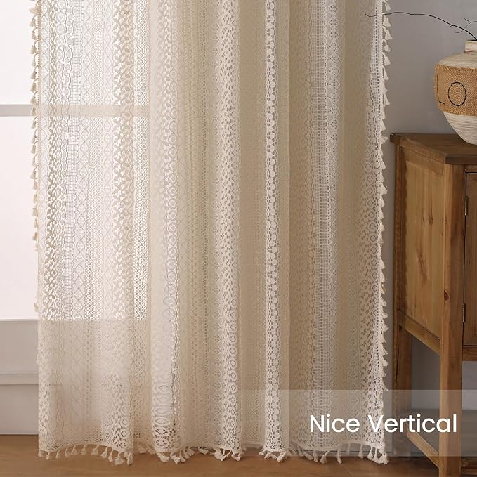 WAZZIO Boho Lace Curtains 102 Inch 2 Panel, Light Filtering Privacy Tassel & - Image 6
