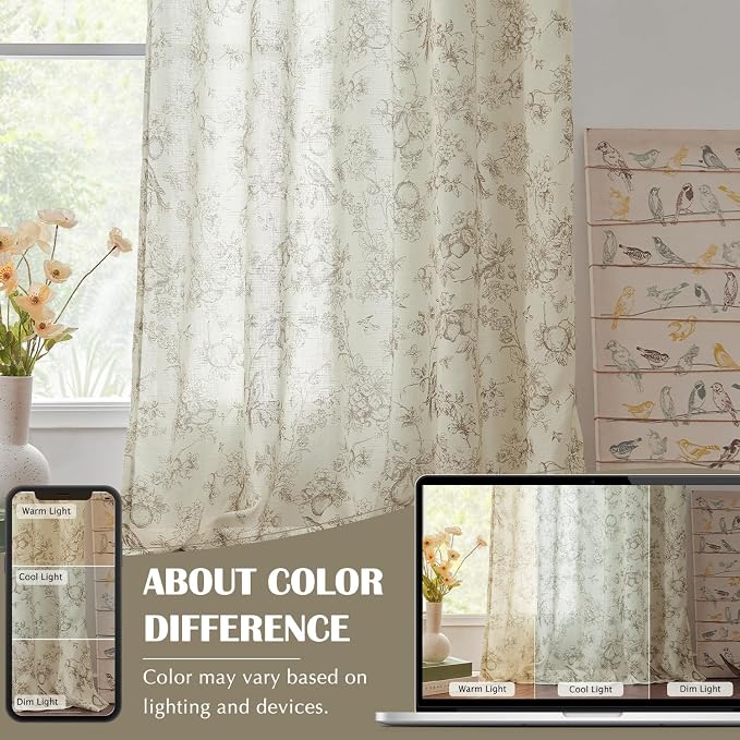 jinchan Linen Floral Curtains for Living Room 84 Inch Length Taupe Printed - Image 5