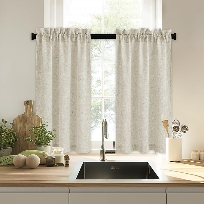 RYB HOME Bathroom Curtains Over Sink 36 inches Length, Linen Blend Semi Sheer - Image 7