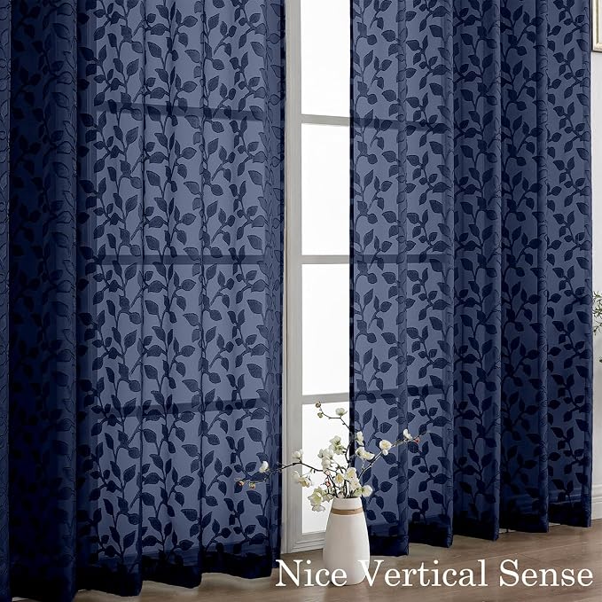Chyhomenyc Navy Blue Sheer Curtains 30 Inch Length, Light Filtering Leaf Tufted - Image 9