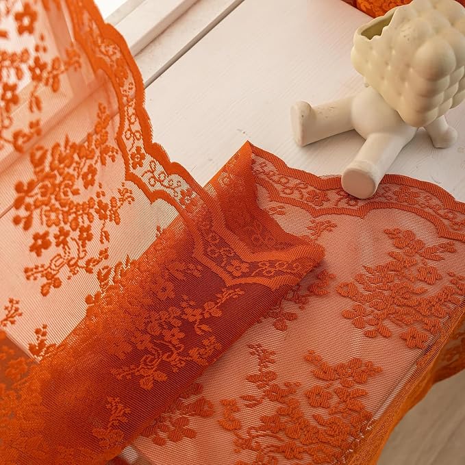 YJ YANJUN Vintage Lace Curtains 90 Inches Long-Rustic Floral Burnt Orange Sheer - Image 6