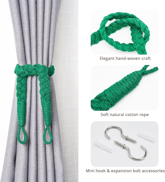 NICEEC 2 Pack Natural Cotton Rope Curtain Tiebacks Elegant Boho Style - Image 2