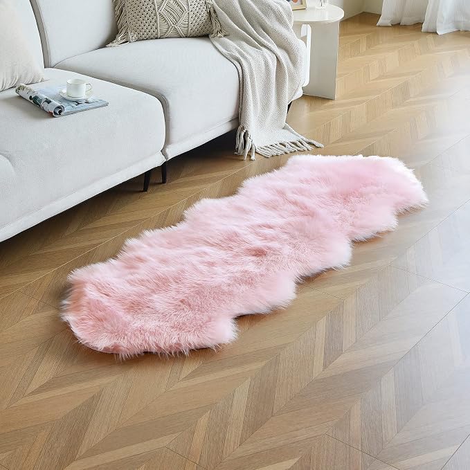 duduta Pink Faux Sheepskin Runner Rugs 2x6 ft, Fluffy Shag Bedroom Rug Fur - Image 4