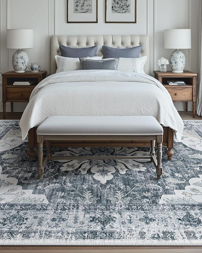 Area Rugs 9'x12' Washable Non-Slip, Floral Vintage Distress Print Pattern - Image 2
