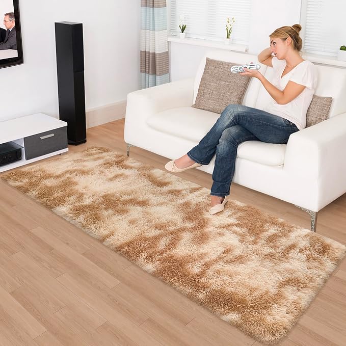 Super Soft Fluffy Living Room Area Rugs 2x6 ft Tie-Dyed Beige Shaggy Furry - Image 2